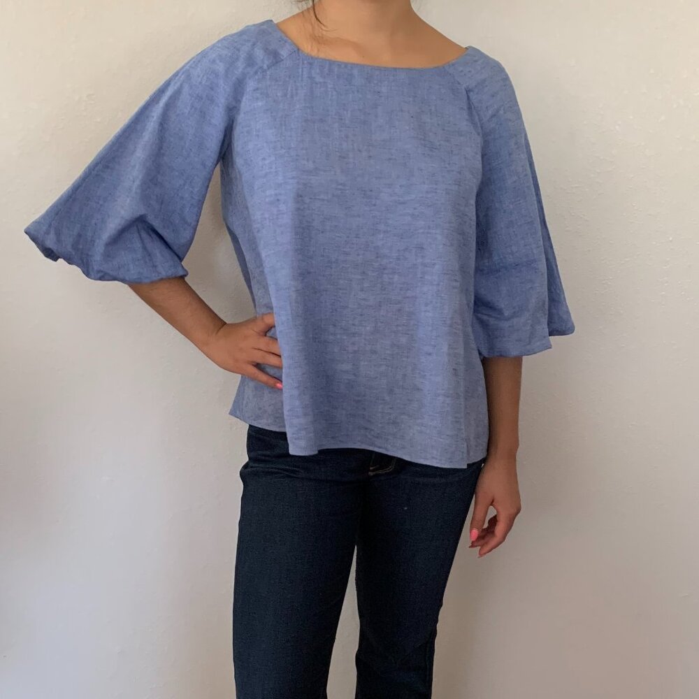 ZARA Chambray Bell Sleeve Blouse – Hi-Lo Hem